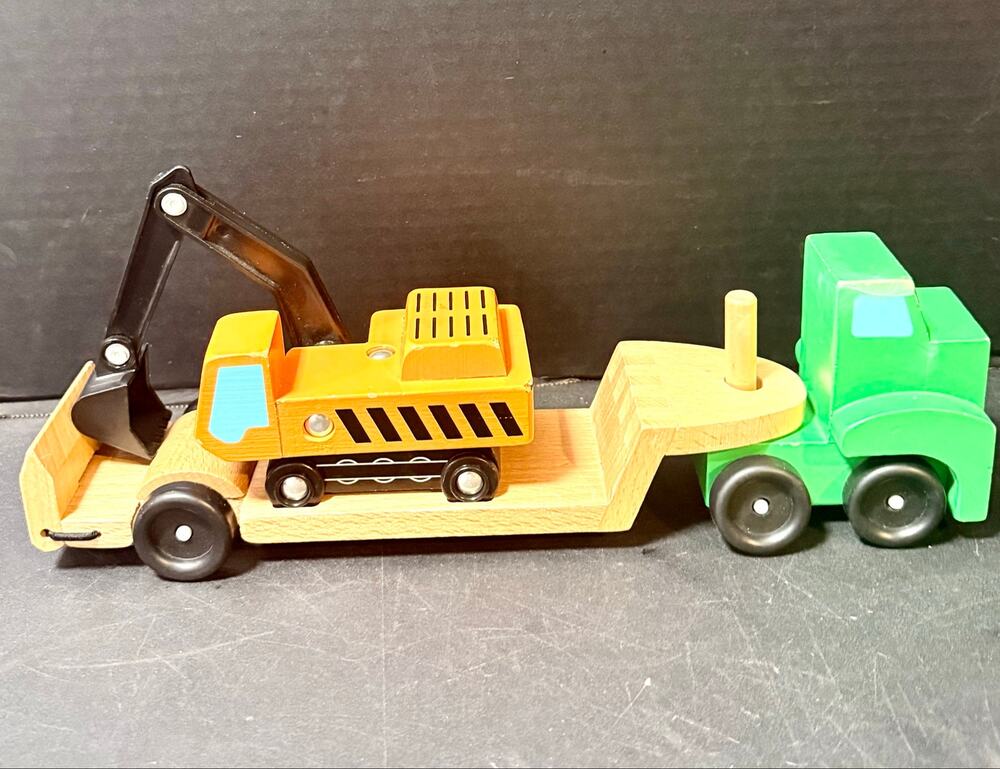 Melissa & Doug Trailer & Excavator Wooden Vehicle Set, a 3-piece toy